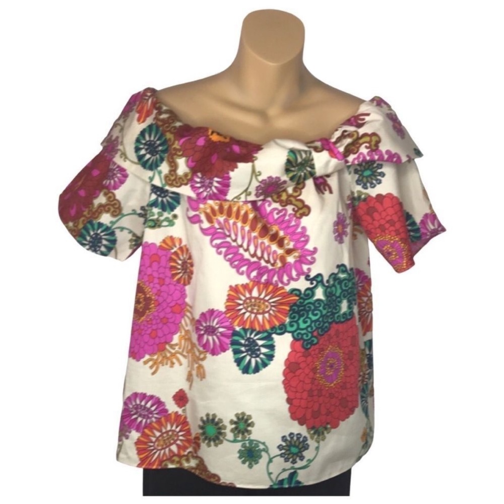 Trina Turk Floral Off Shoulder Ruffle Blouse Colorful Boho Resort Top